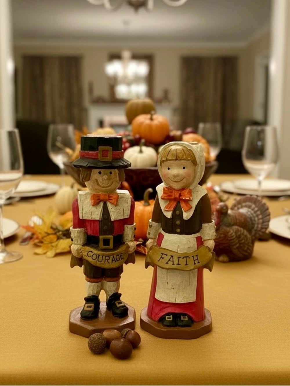 Vintage Thanksgiving Decor Pilgrim Couple Faith Courage - Candle Holders